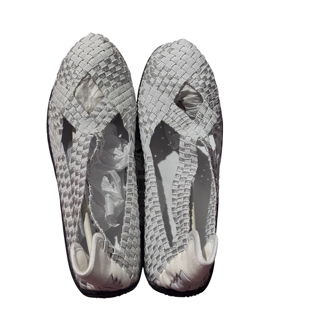 Angel Steps Stretch Comfort Casual White Silver Woven Mary Jane Flats Womens 9M